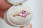 Padparadscha Sapphire Ring with Triangle & Round Accents – 14K Gold Vermeil, 10×5mm Center Stone