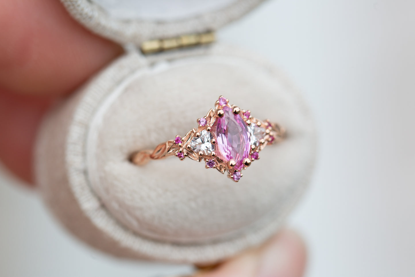 Padparadscha Sapphire Ring with Triangle & Round Accents – 14K Gold Vermeil, 10×5mm Center Stone