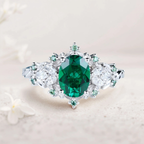 Emerald Ring with Marquise Moissanite & Teal Sapphire Accents – Rose Gold Plated Silver, Engraved Gift Ring