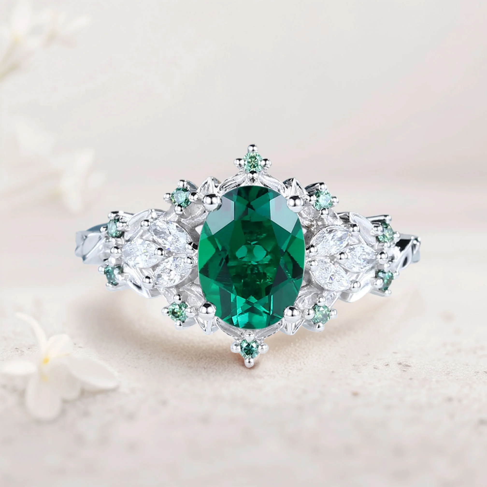 Emerald Ring with Marquise Moissanite & Teal Sapphire Accents – Rose Gold Plated Silver, Engraved Gift Ring