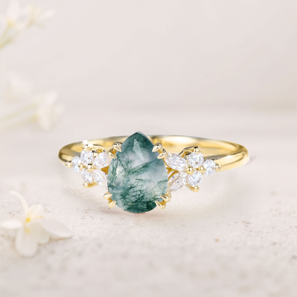 Moss Agate Ring with Marquise & Round Moissanite Accents – White Gold Plated 925 Silver