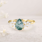 Moss Agate Ring with Marquise & Round Moissanite Accents – White Gold Plated 925 Silver