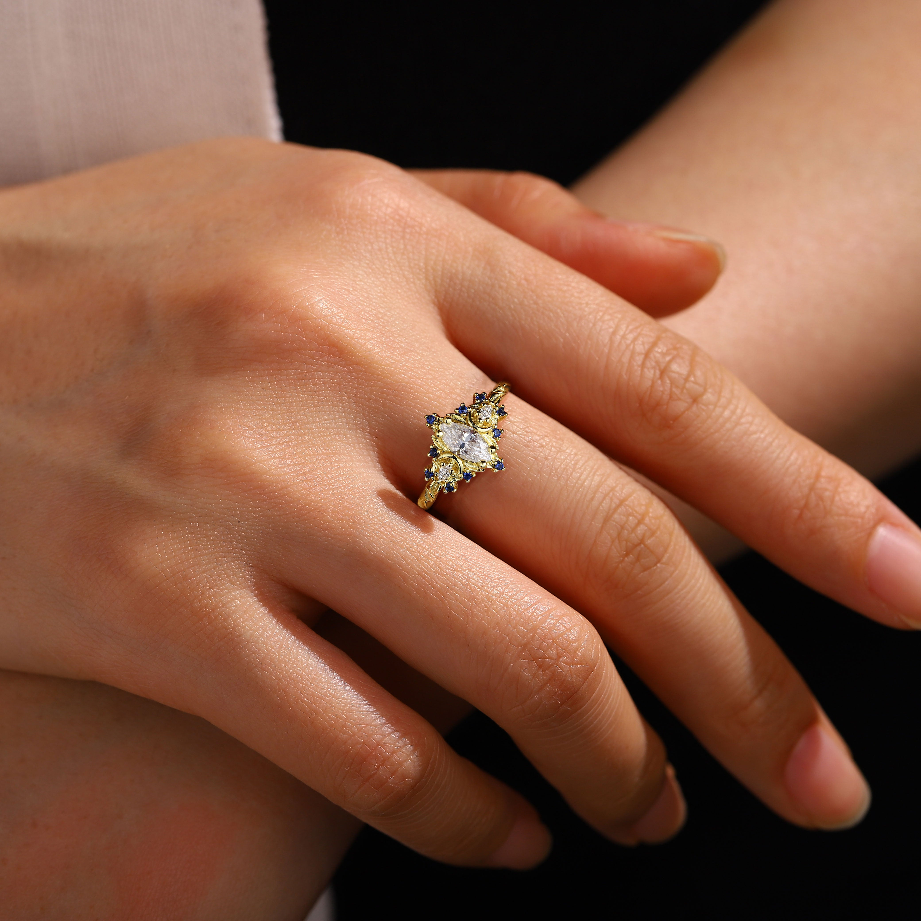 Gold-Plated Moissanite Ring with Marquise Accents – 8×4mm Center Stone in Sterling Silver