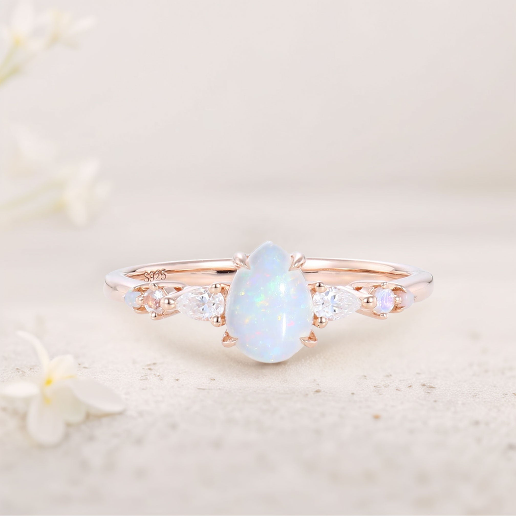 Opal Ring with Moonstone & Marquise Moissanite Accents – White Gold Plated 925 Silver