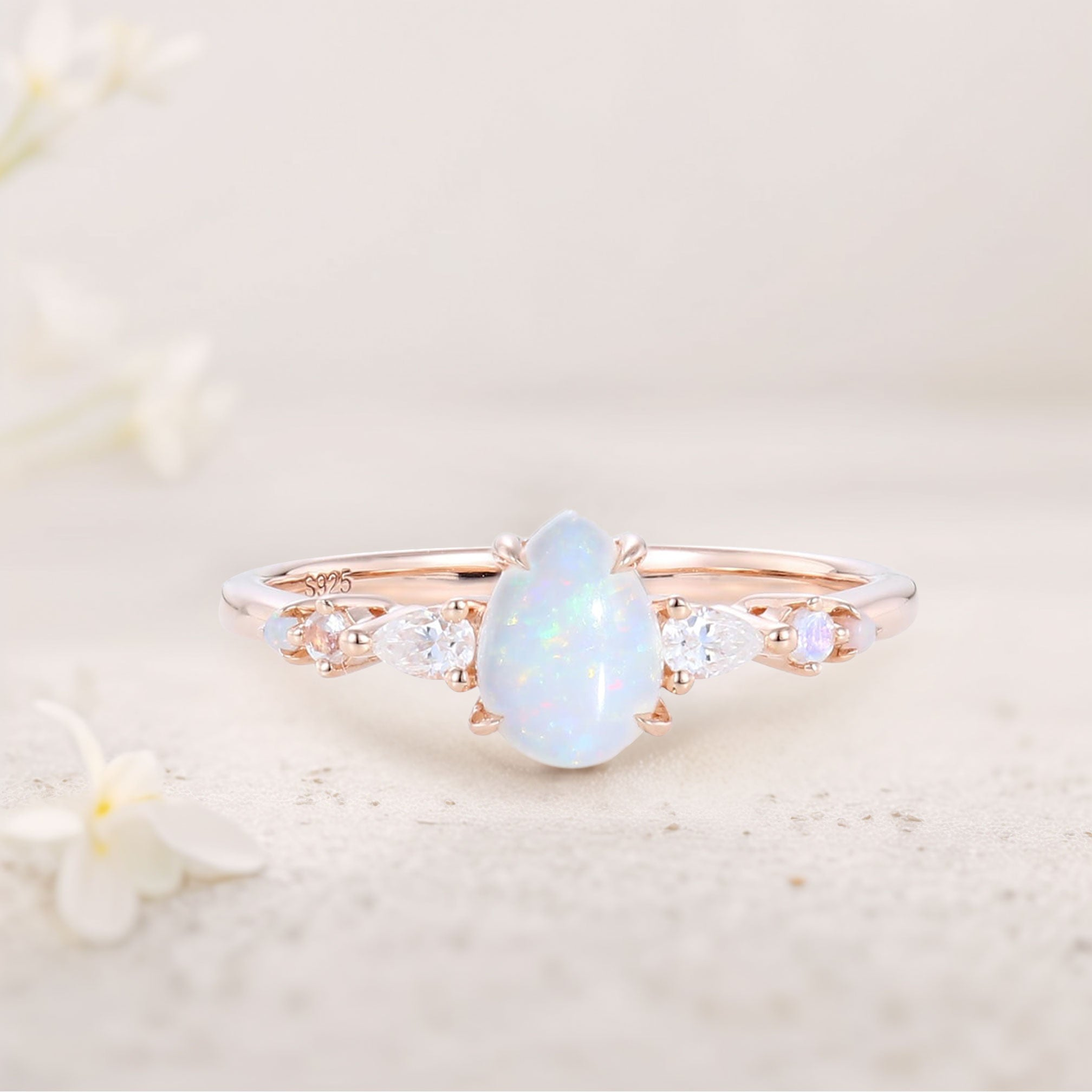 Opal Ring with Moonstone & Marquise Moissanite Accents – White Gold Plated 925 Silver