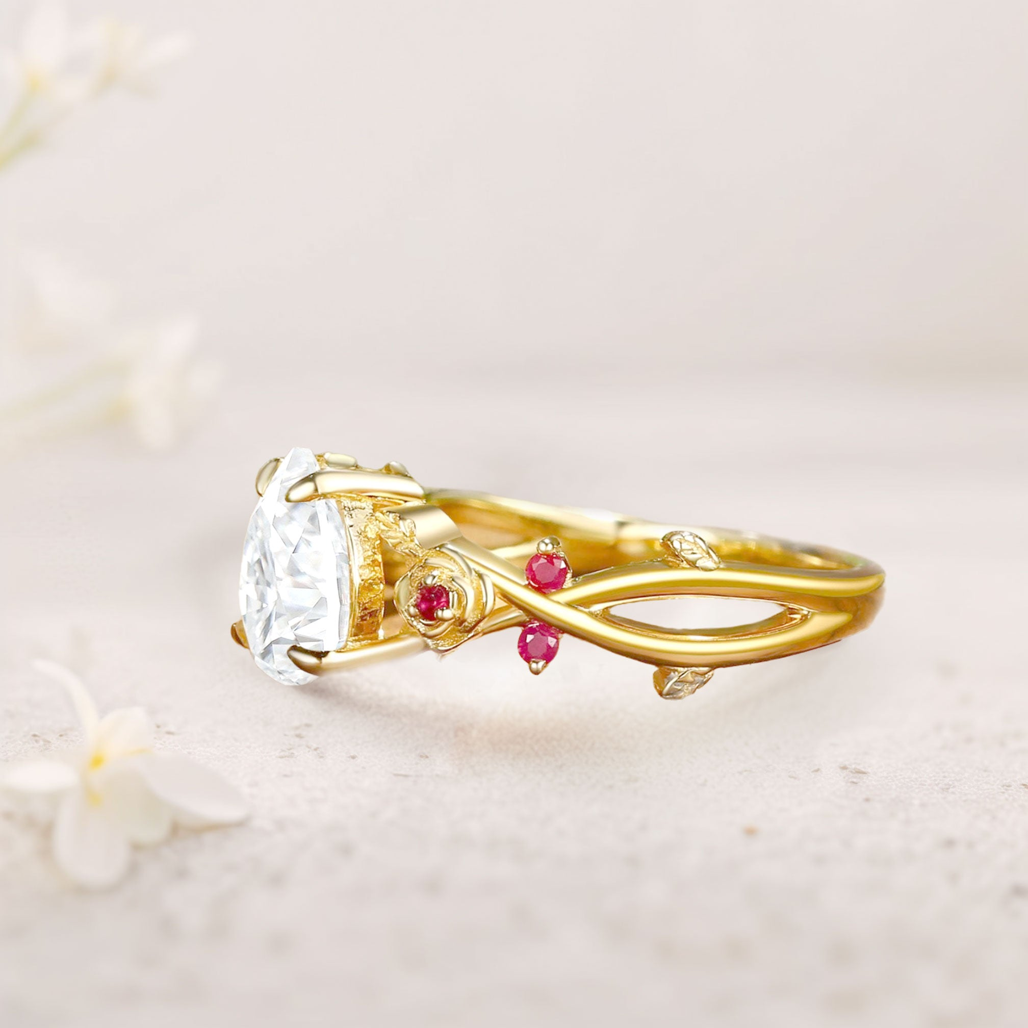Gold Plated Moissanite Ring with Lab Ruby Accents – 18K Gold Vermeil Silver
