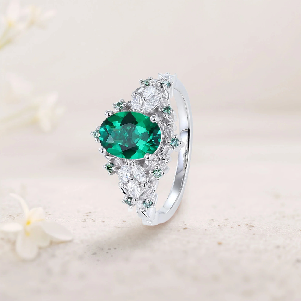 Emerald Ring with Marquise Moissanite & Teal Sapphire Accents – Rose Gold Plated Silver, Engraved Gift Ring