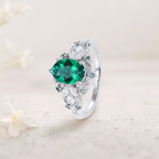 Emerald Ring with Marquise Moissanite & Teal Sapphire Accents – Rose Gold Plated Silver, Engraved Gift Ring