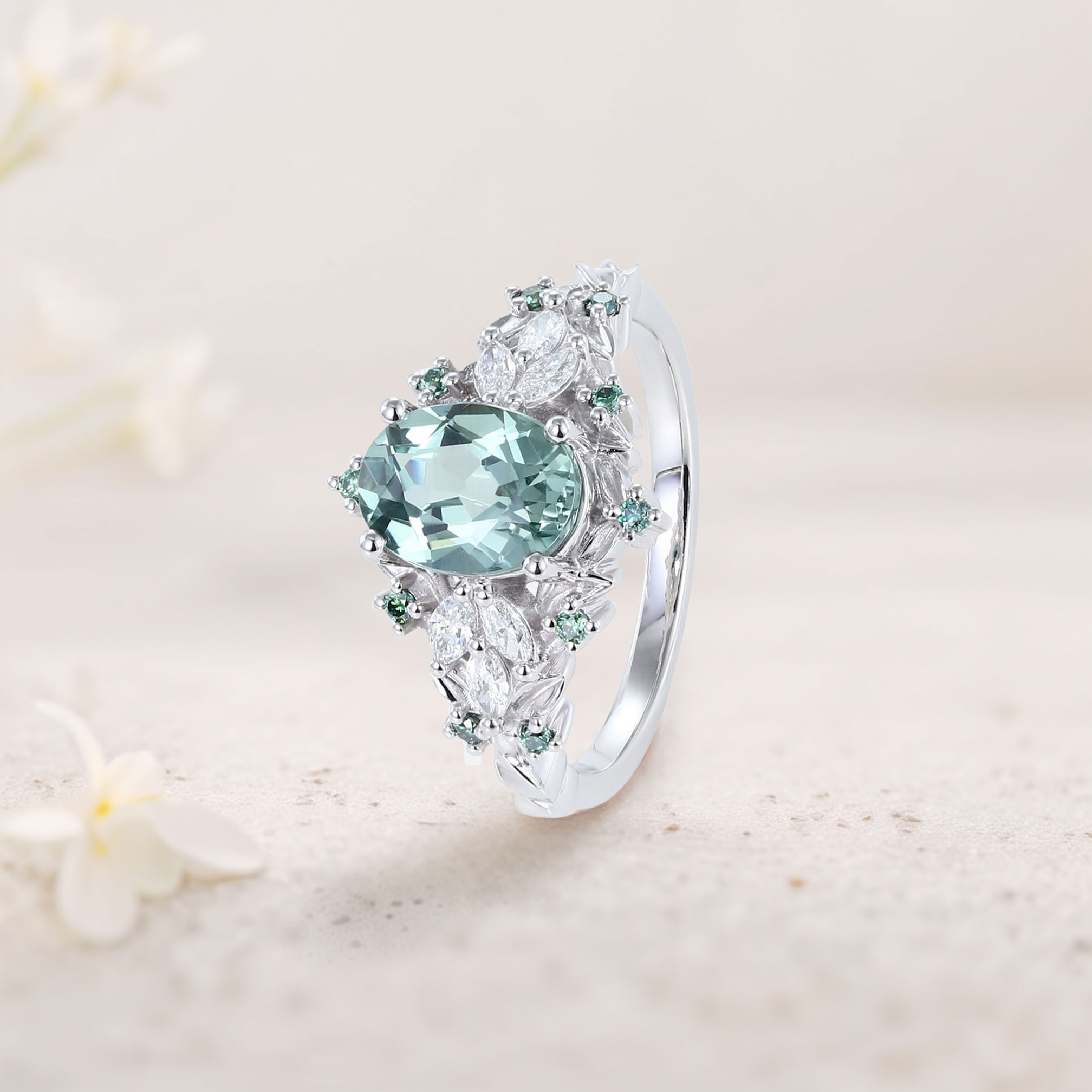 Marquise Moissanite & Green-Blue Sapphire Ring in Platinum Silver – 8×6mm Center Stone