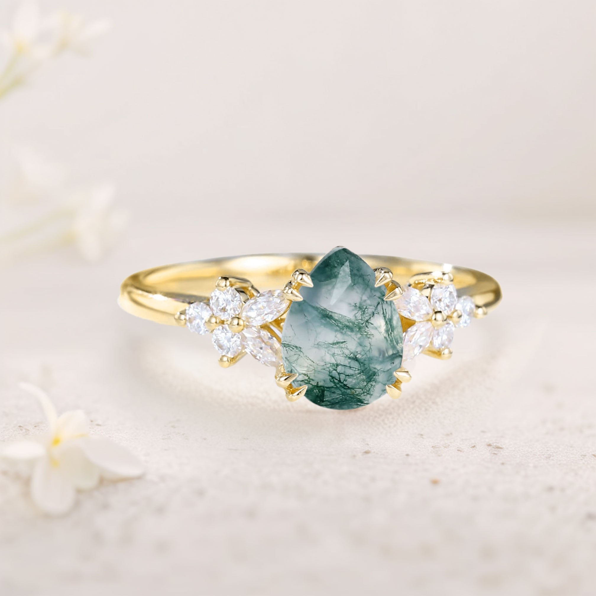 Moss Agate Ring with Marquise & Round Moissanite Accents – White Gold Plated 925 Silver