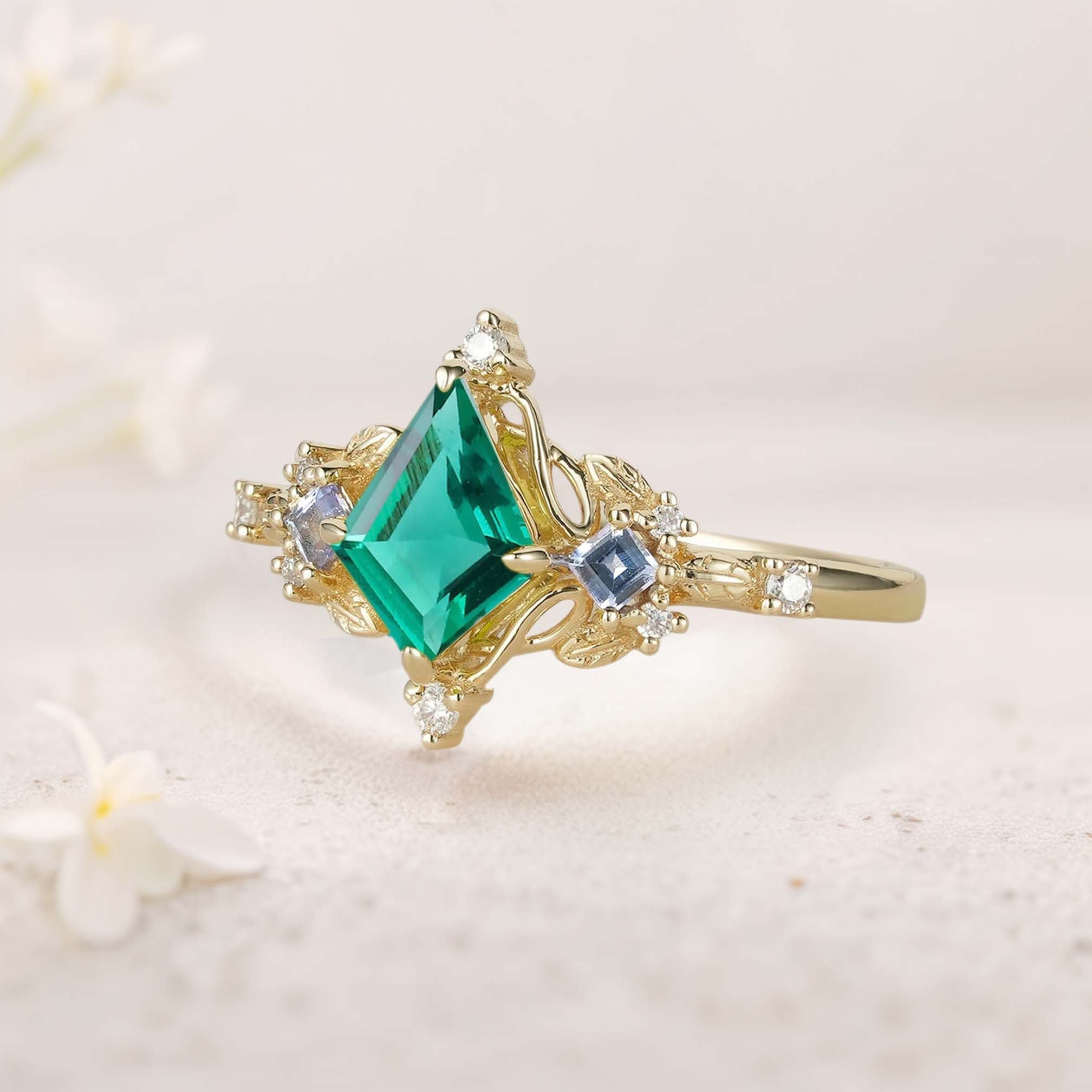 Zambian Lab-Grown Emerald & Tanzanite Accent Ring in Platinum Silver – 7×10mm Center Stone