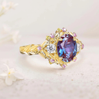 Alexandrite Moissanite Accent Ring in Gold Finish – 6×4mm Color-Change Center Stone