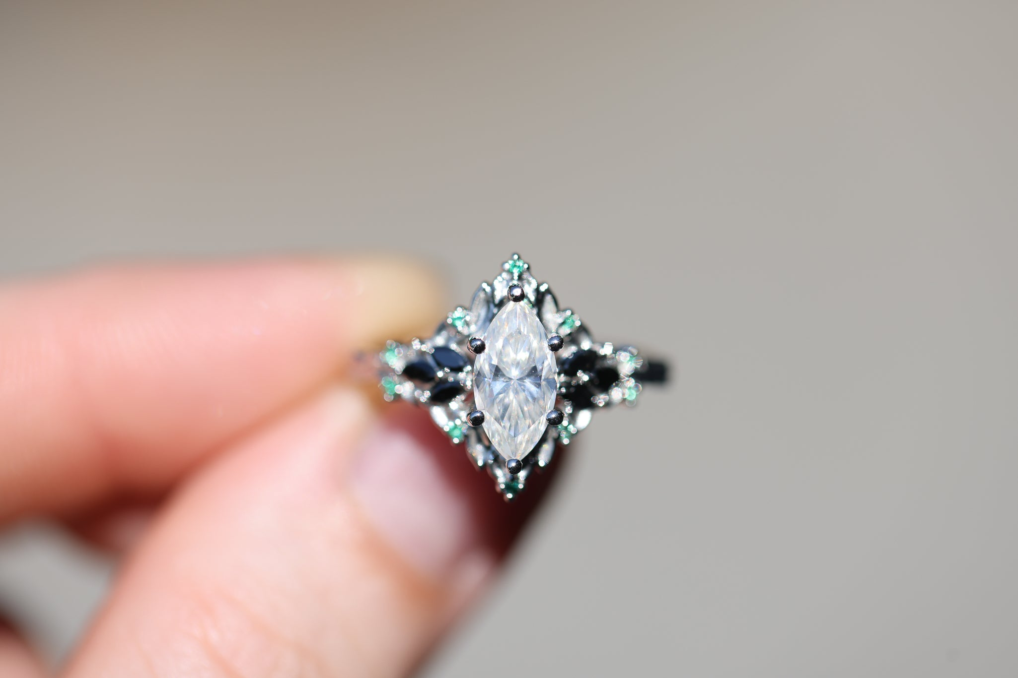 Moissanite Ring with Black Onyx & Emerald Accents in Platinum Silver – 8×4mm Center Stone