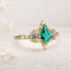 Zambian Lab-Grown Emerald & Tanzanite Accent Ring in Platinum Silver – 7×10mm Center Stone