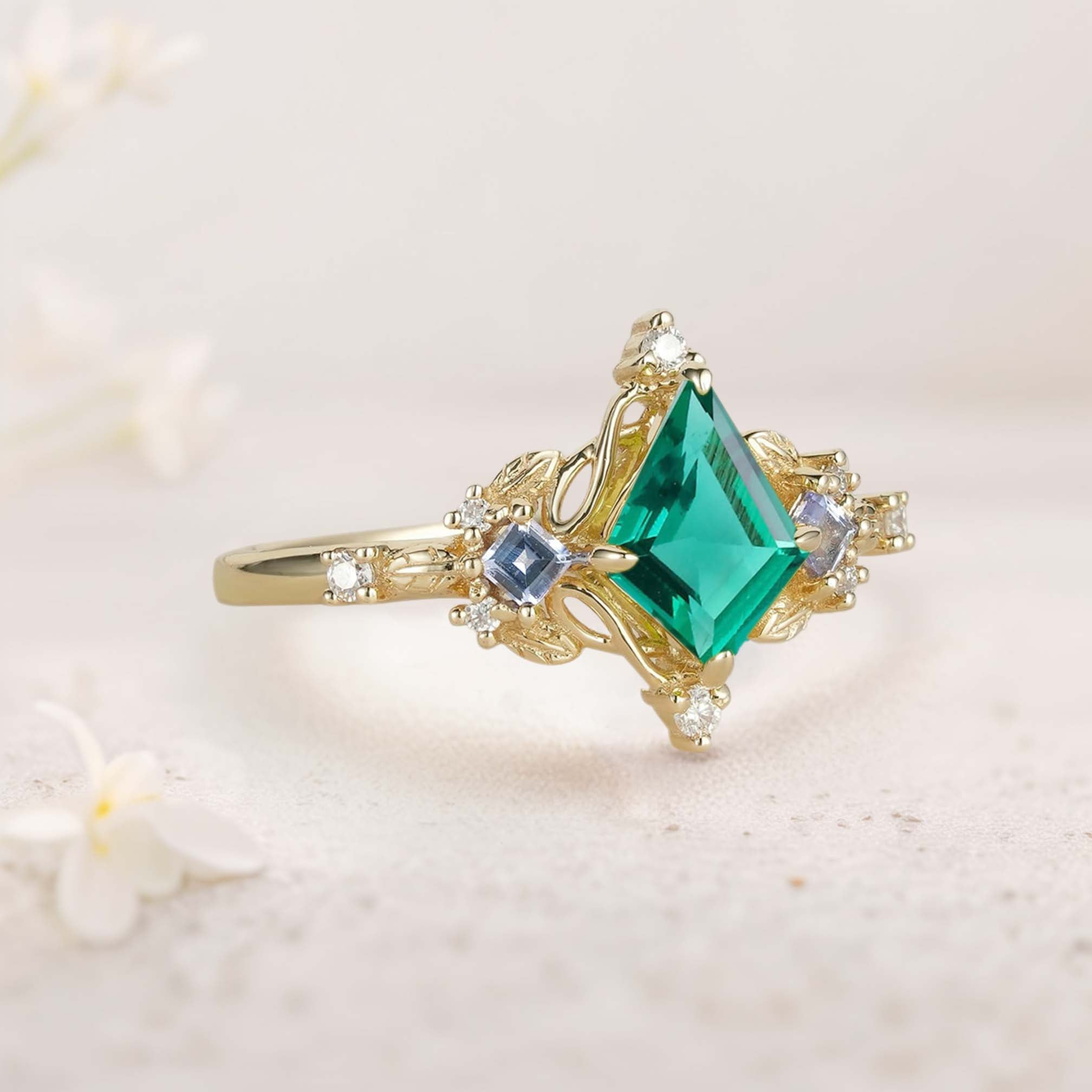 Zambian Lab-Grown Emerald & Tanzanite Accent Ring in Platinum Silver – 7×10mm Center Stone