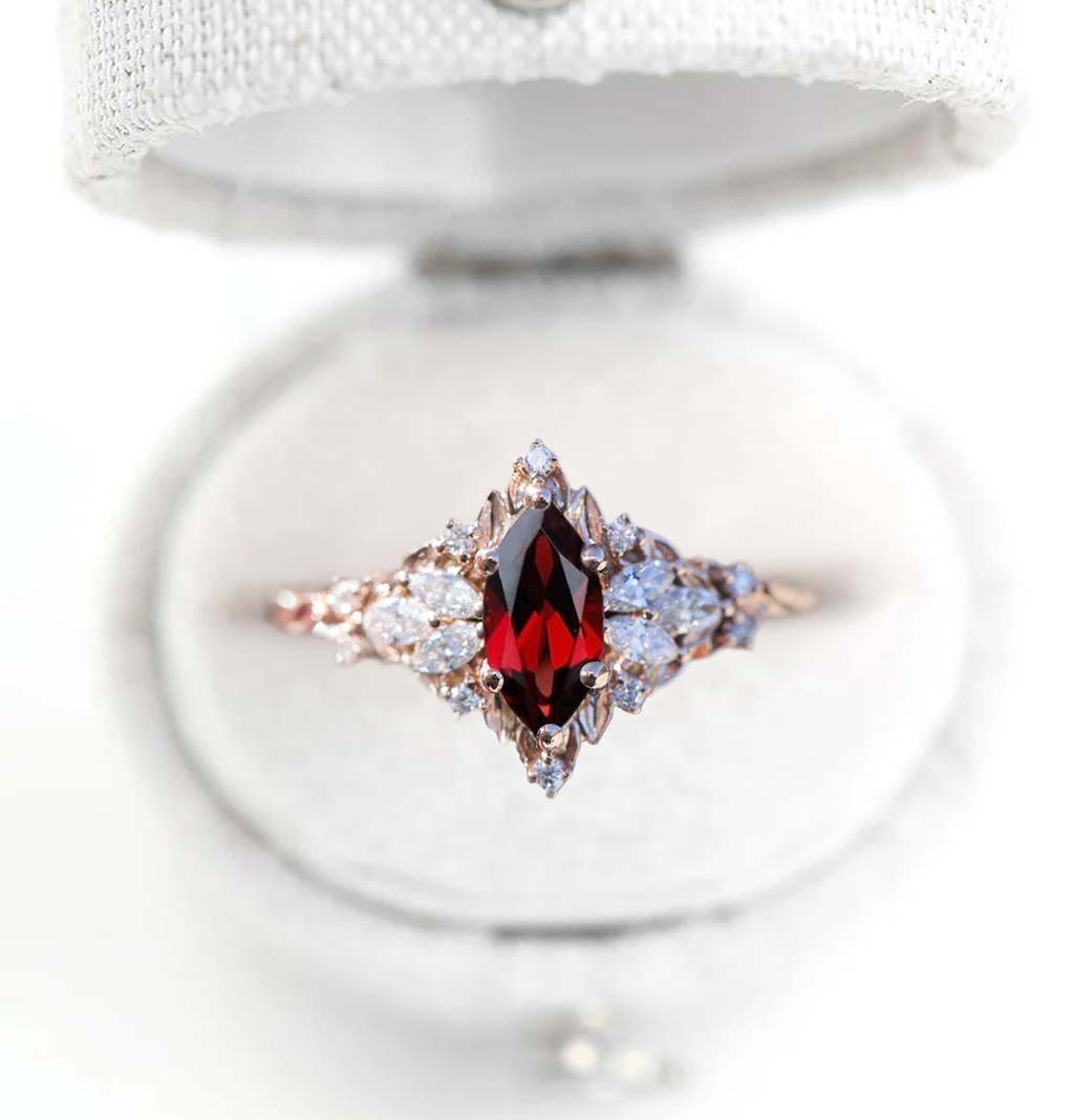 Ruby & Marquise Moissanite Accent Ring in 14K Gold Vermeil – 8×4mm Center Stone