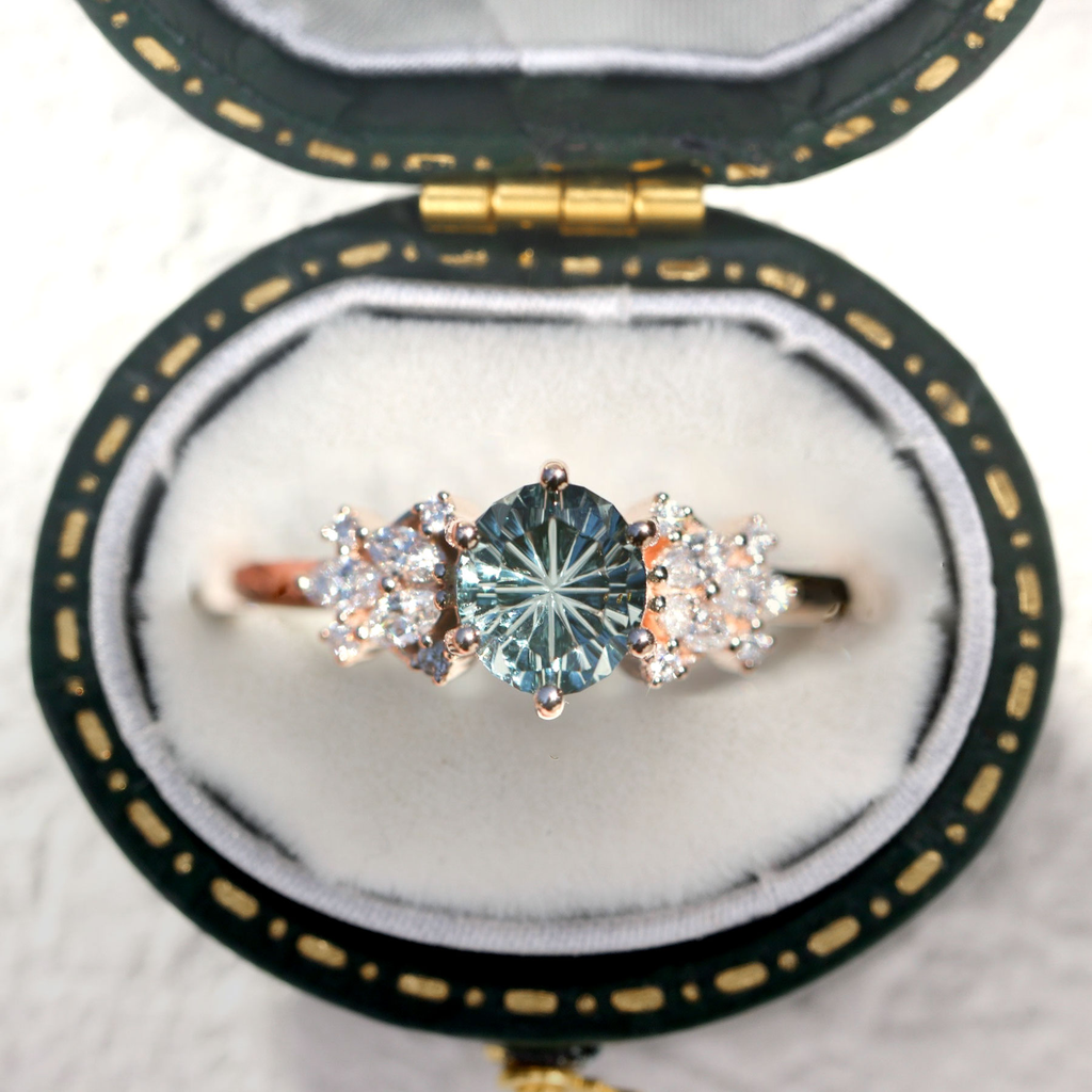 Star-Cut Green-Blue Sapphire Ring with Moissanite Accents in 14K Gold Vermeil – 6.5mm Center Stone