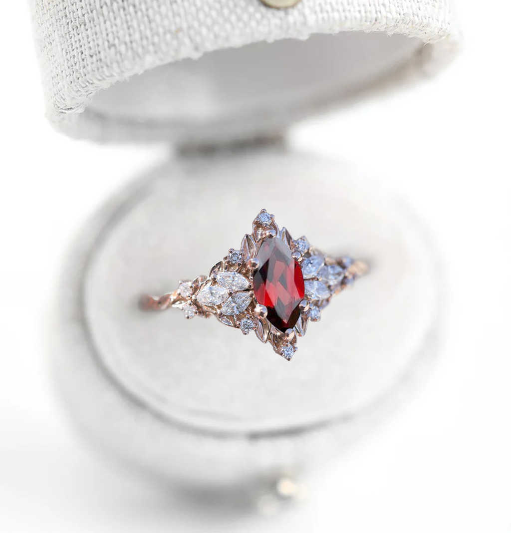 Ruby & Marquise Moissanite Accent Ring in 14K Gold Vermeil – 8×4mm Center Stone