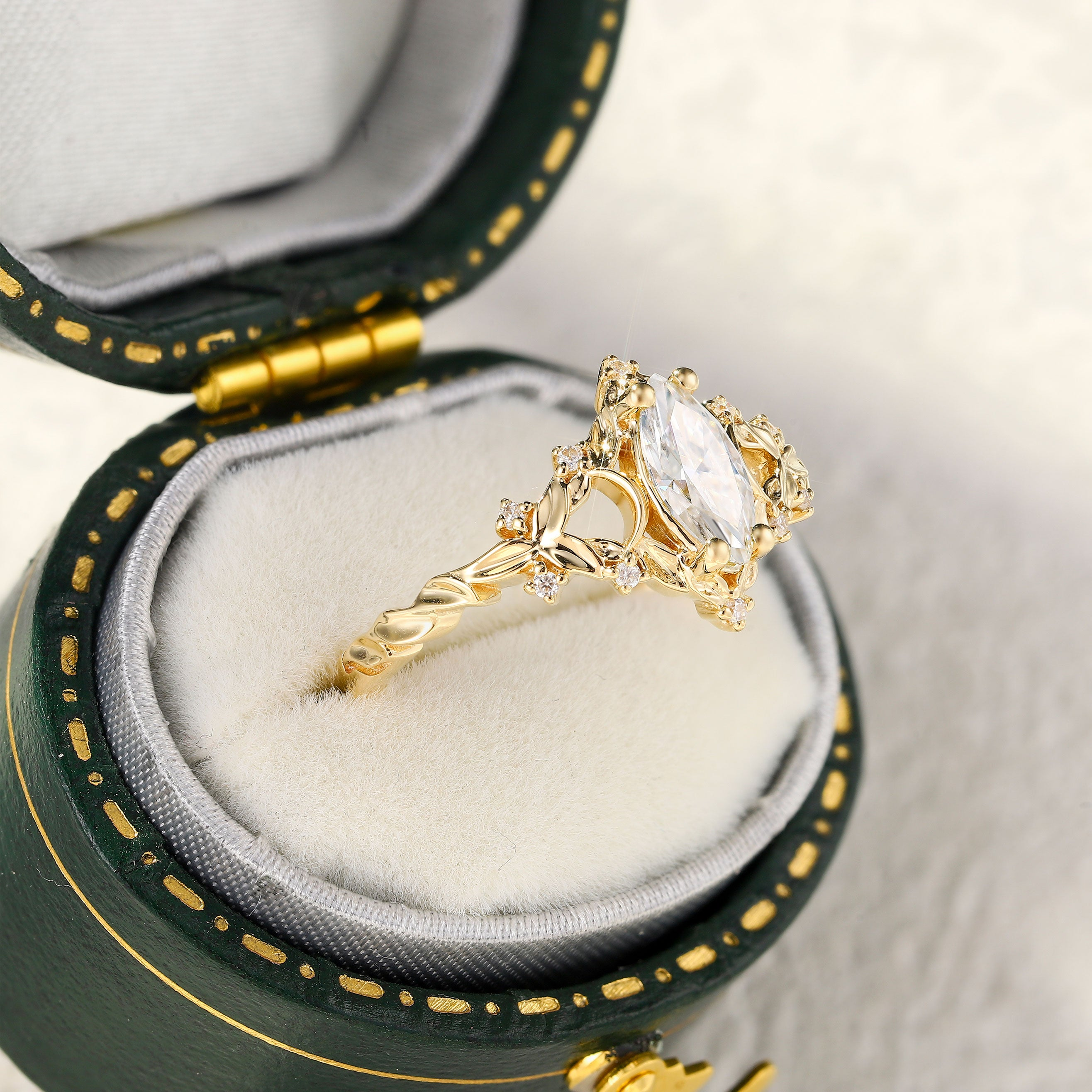 8x4mm Moissanite Ring with Round Moissanite Accents – 14K Gold-Plated Sterling Silver