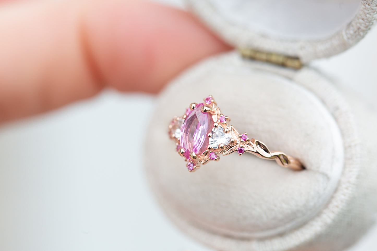 Padparadscha Sapphire Ring with Triangle & Round Accents – 14K Gold Vermeil, 10×5mm Center Stone