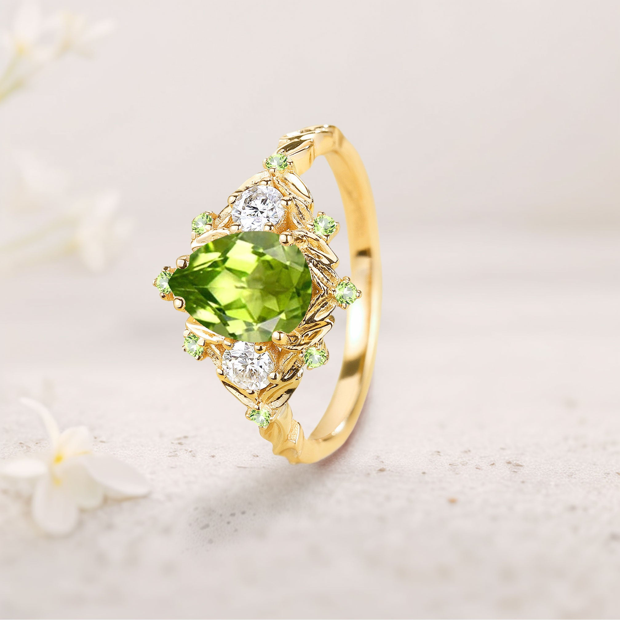 Peridot Ring with Moissanite Accents – 18K Gold Vermeil Silver Statement Ring