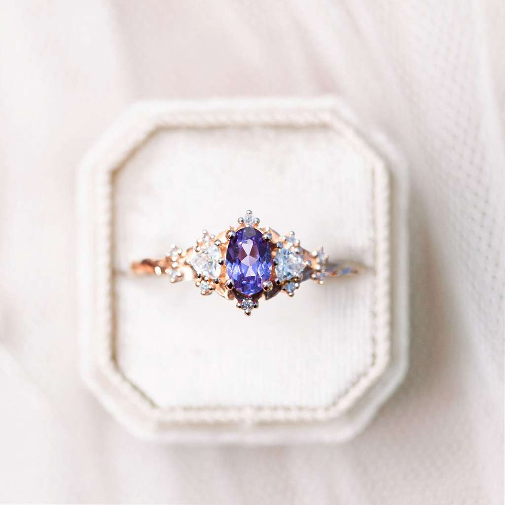 6×4mm Amethyst Ring with Trillion Moissanite Accents – Gold Plated 925 Sterling Silver