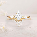 White Gold Plated 925 Sterling Silver Moissanite Ring Set (2 Rings) with 9x6mm Center Stone & Marquise Accents