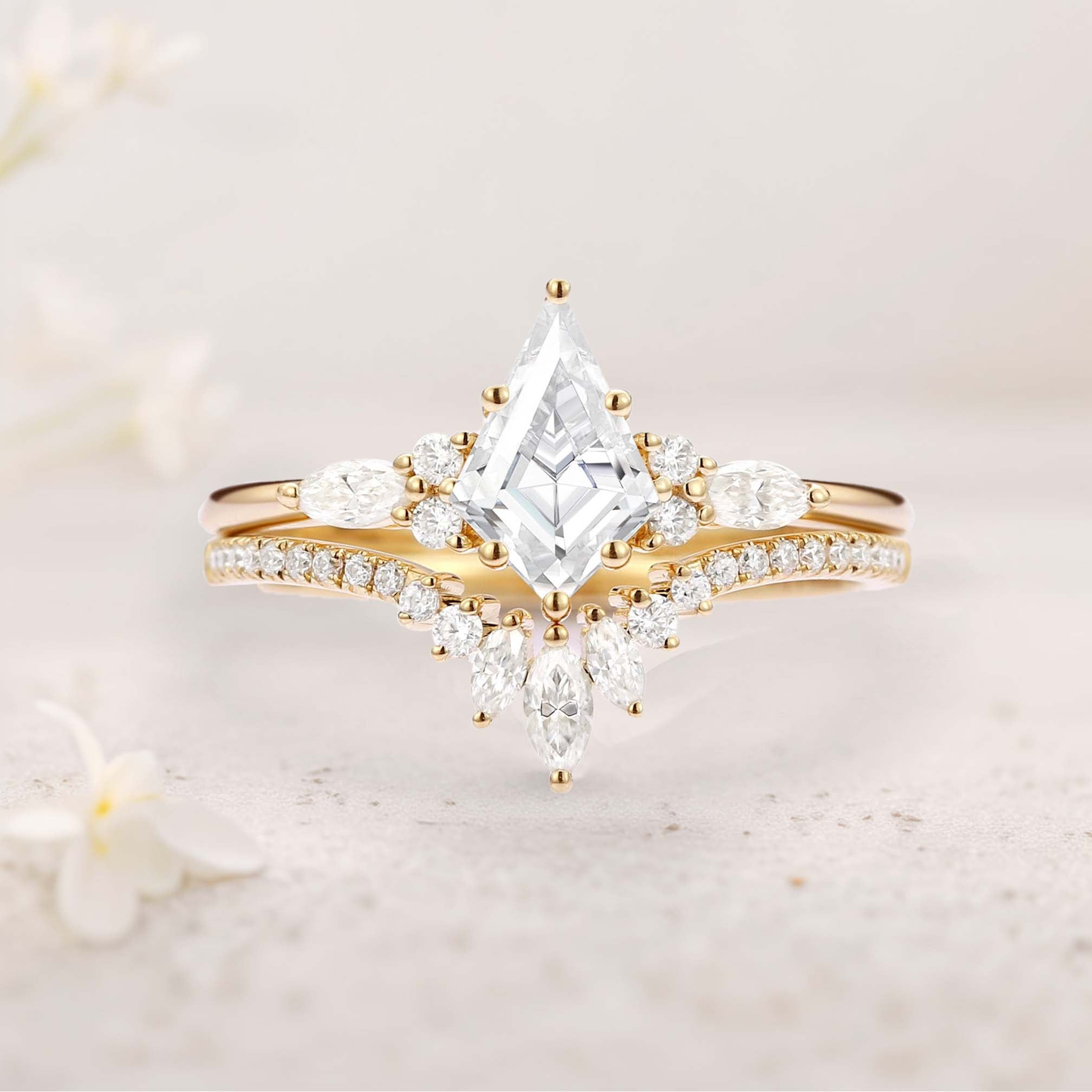 White Gold Plated 925 Sterling Silver Moissanite Ring Set (2 Rings) with 9x6mm Center Stone & Marquise Accents