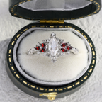 Oval Moissanite Ring with Marquise Lab Ruby Accents – 925 Sterling Silver Ring