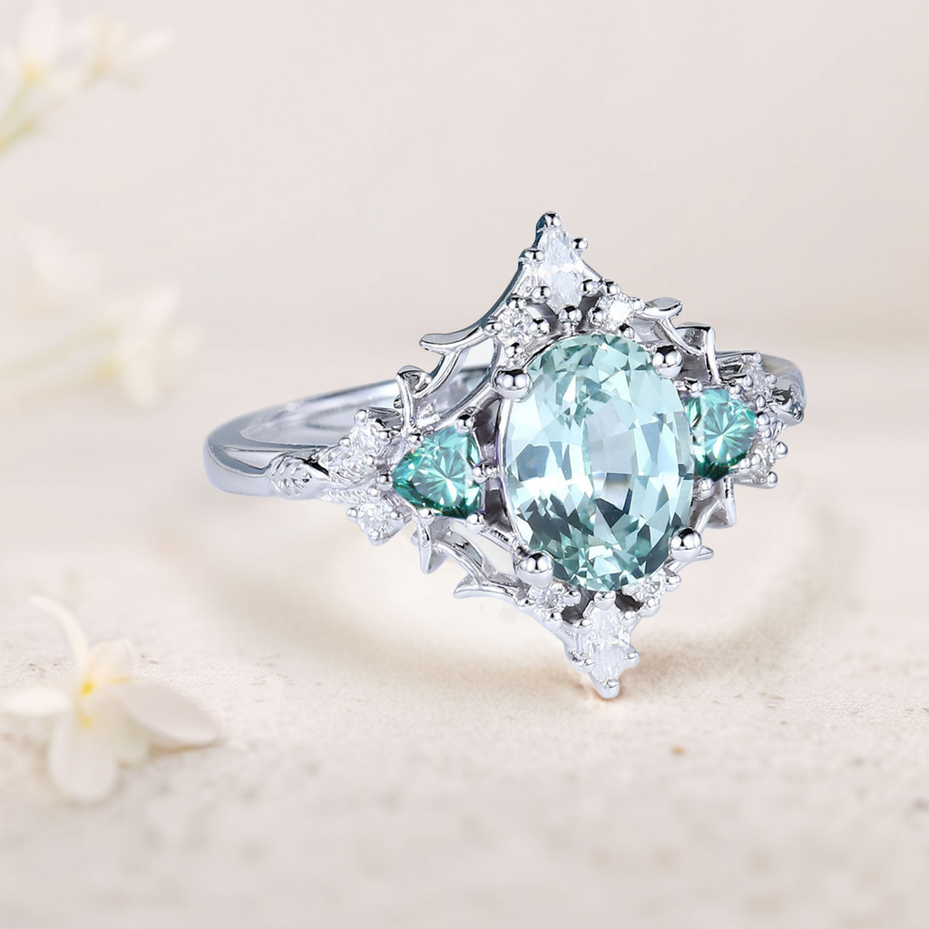 Lab-Grown Blue-Green Sapphire Ring with Multi-Moissanite Accents – White Gold Plated 925 Silver