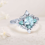 Lab-Grown Blue-Green Sapphire Ring with Multi-Moissanite Accents – White Gold Plated 925 Silver
