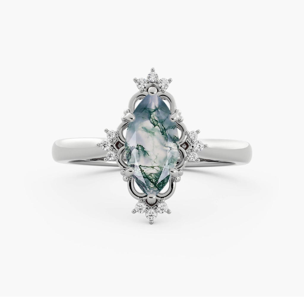 Moss Agate Statement Ring with Moissanite Accents in White Gold Plated Sterling Silver