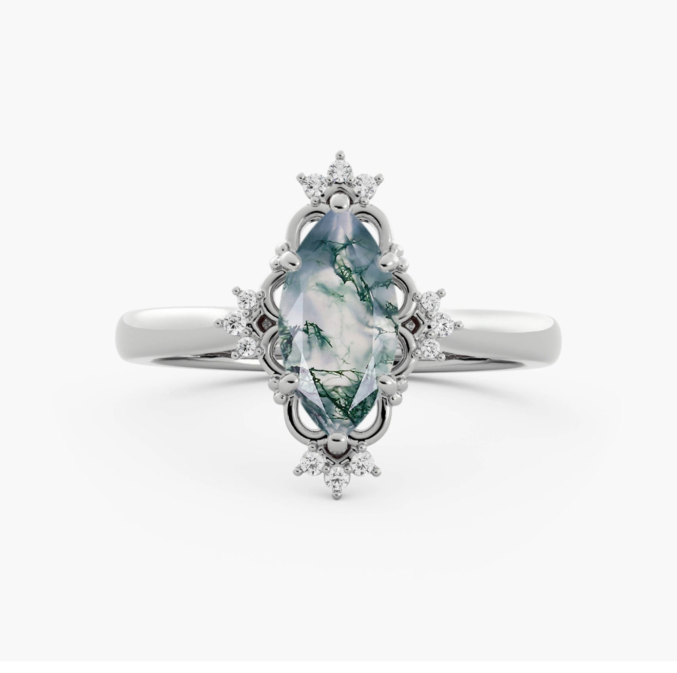 Moss Agate Statement Ring with Moissanite Accents in White Gold Plated Sterling Silver