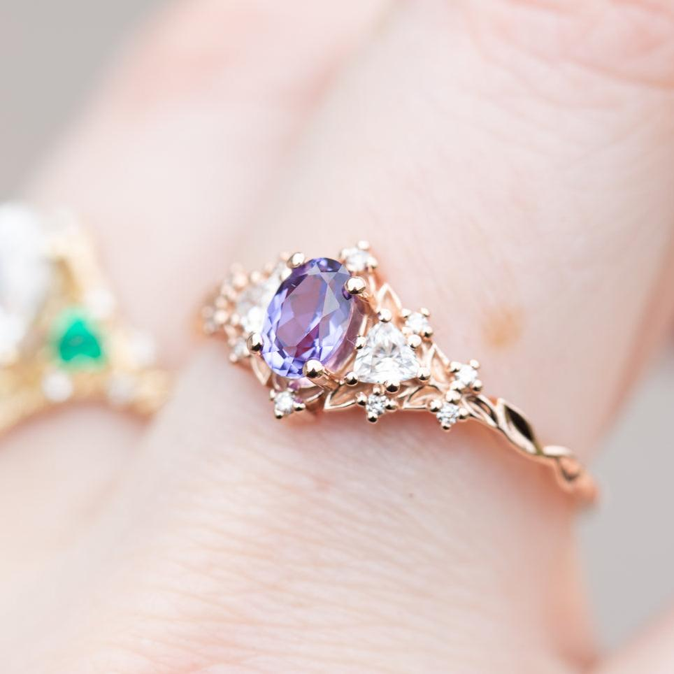 Amethyst & Moissanite Accent Ring in 14K Gold Vermeil – 6×4mm Center Stone