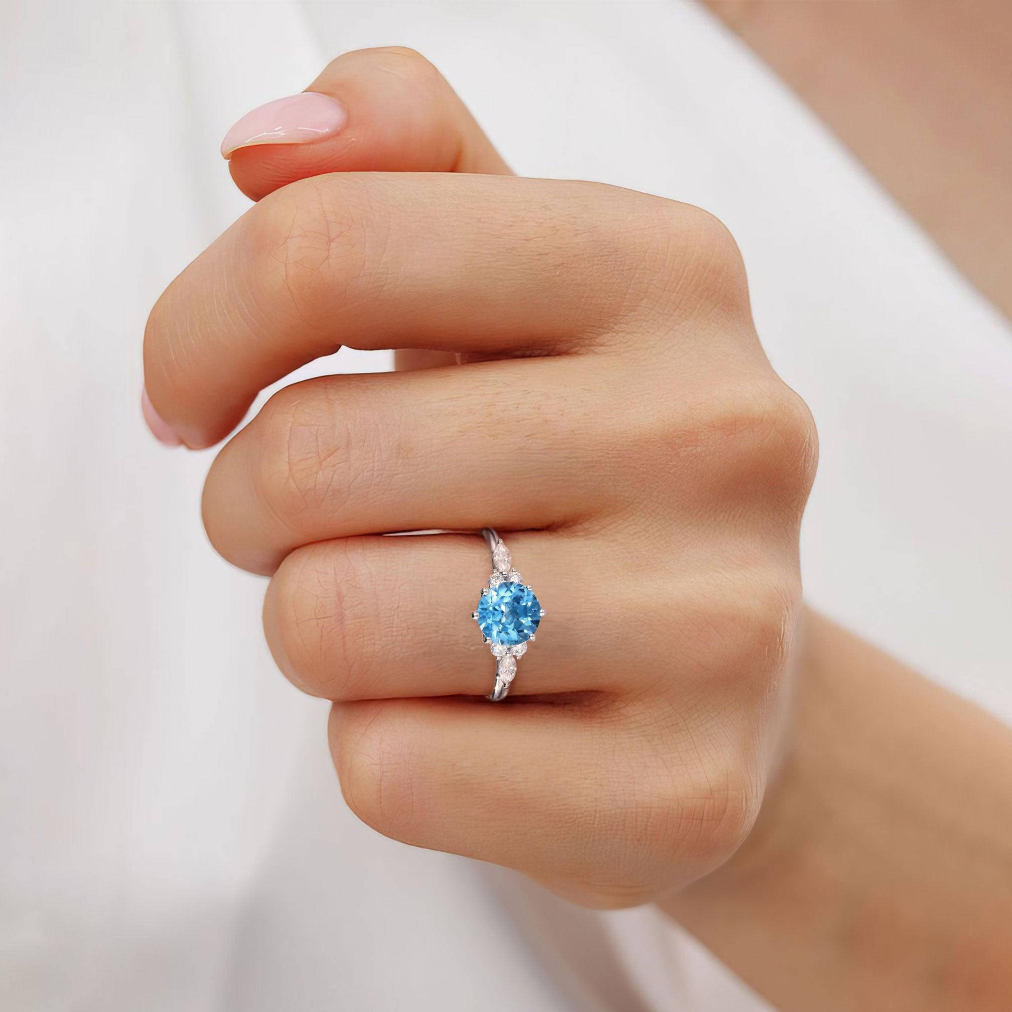 8mm Topaz Ring with Moissanite Accents – Platinum-Plated 925 Sterling Silver, US Size 8