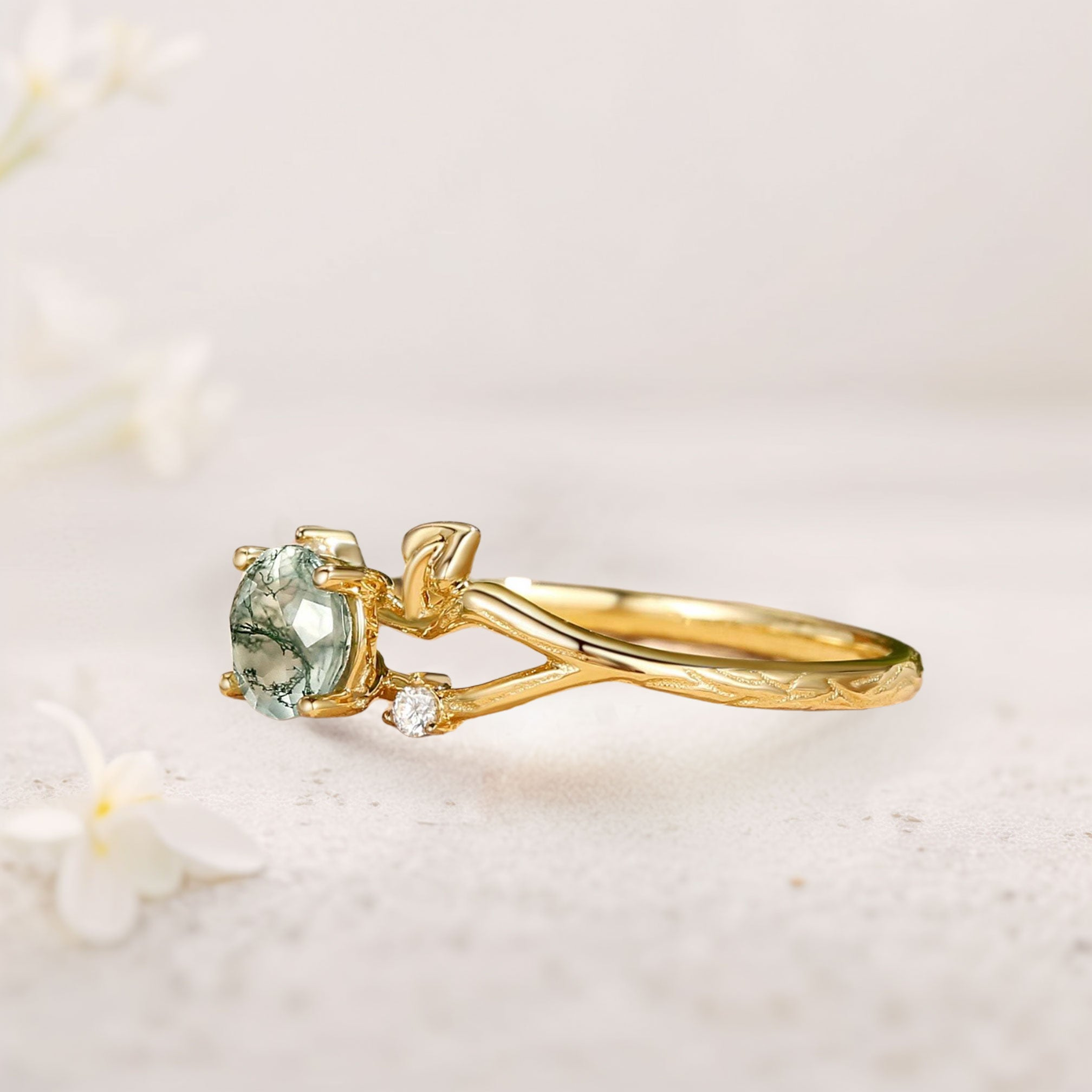 Rose Gold Plated Moss Agate Ring with Moissanite Accents – Minimalist Sterling Silver Jewelry