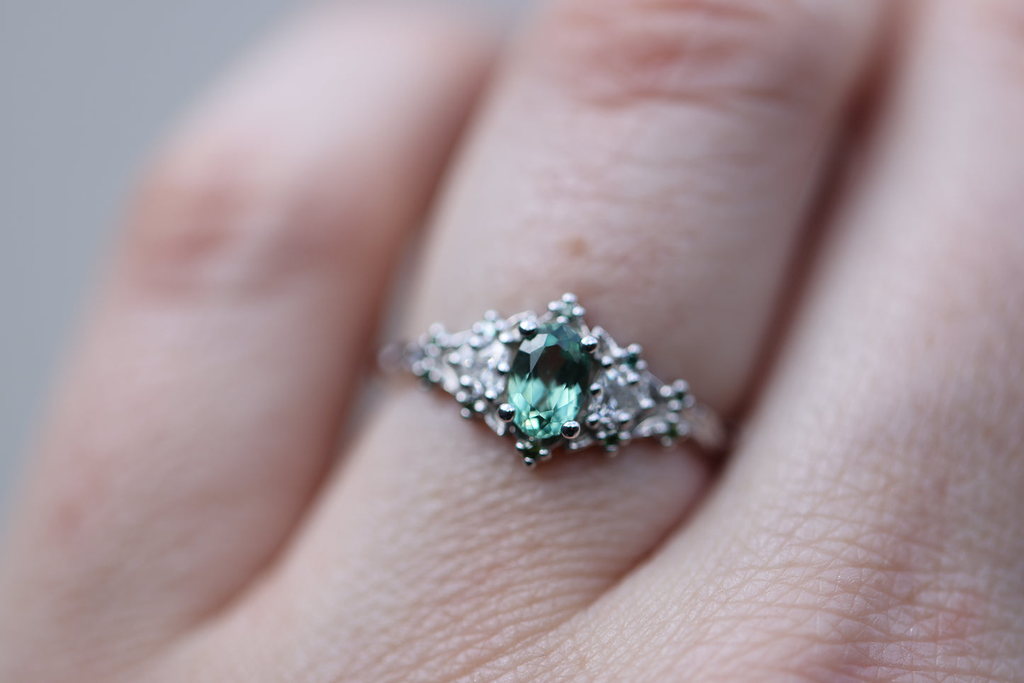 Lab-Grown Green-Blue Sapphire & Diamond Accent Ring in Platinum Silver – 6×4mm Center Stone