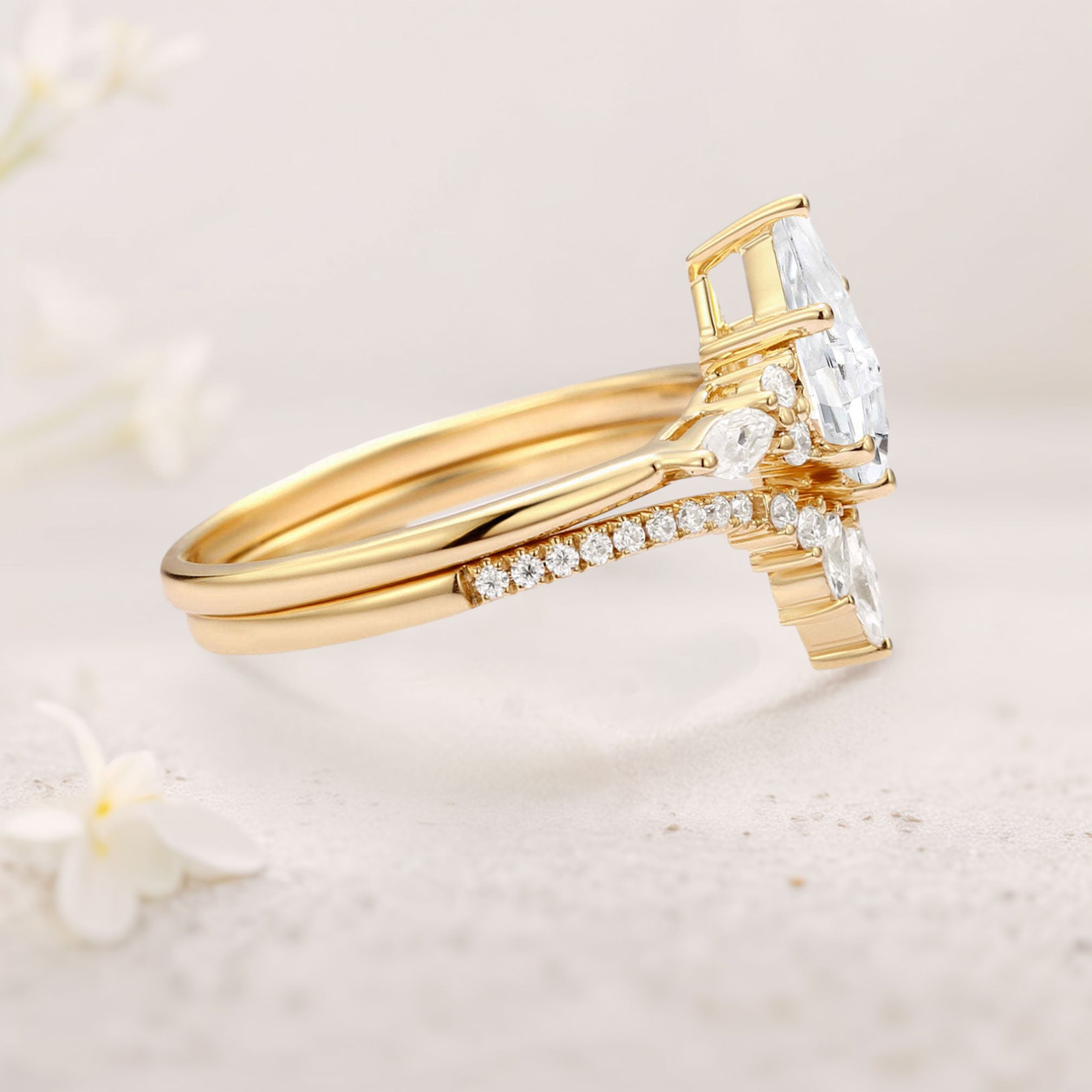 White Gold Plated 925 Sterling Silver Moissanite Ring Set (2 Rings) with 9x6mm Center Stone & Marquise Accents