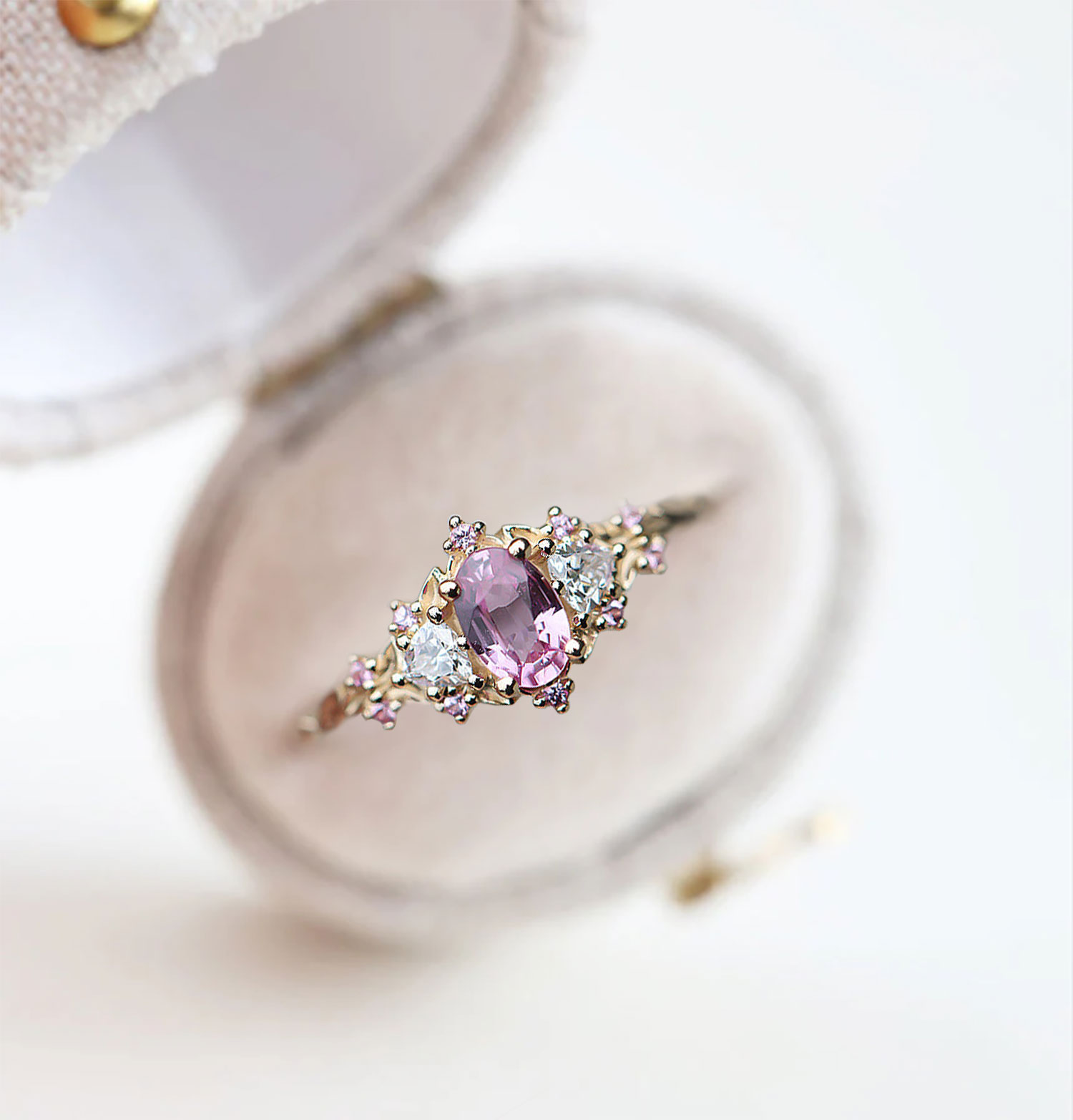 Padparadscha Sapphire Ring with Triangle Moissanite Accents – Gold Plated 925 Silver, Engraved Love Ring