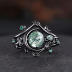 Black Plated Sterling Silver Ring with 7mm Moss Agate – 925 Silver Statement Ring US 9