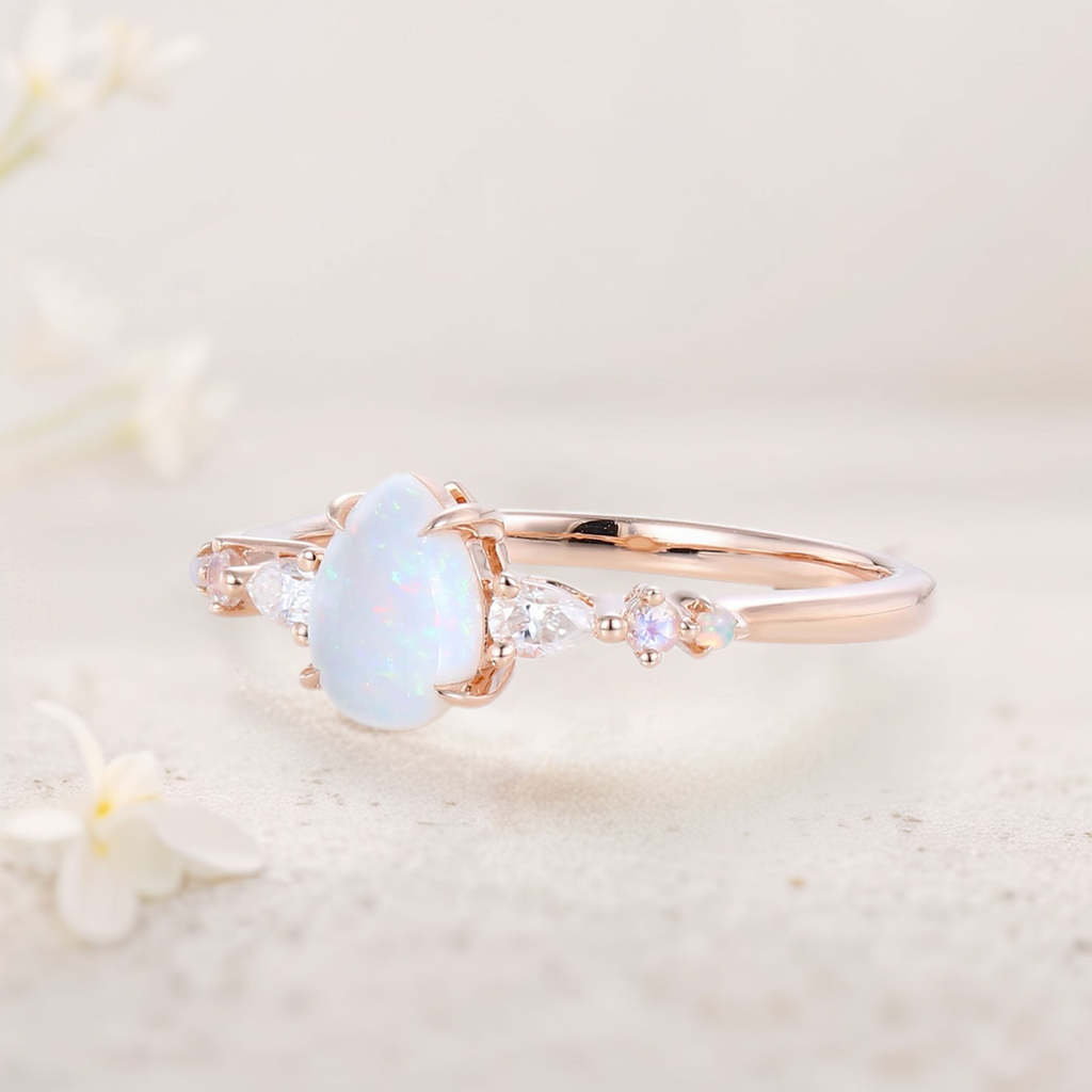Opal Ring with Moonstone & Marquise Moissanite Accents – White Gold Plated 925 Silver