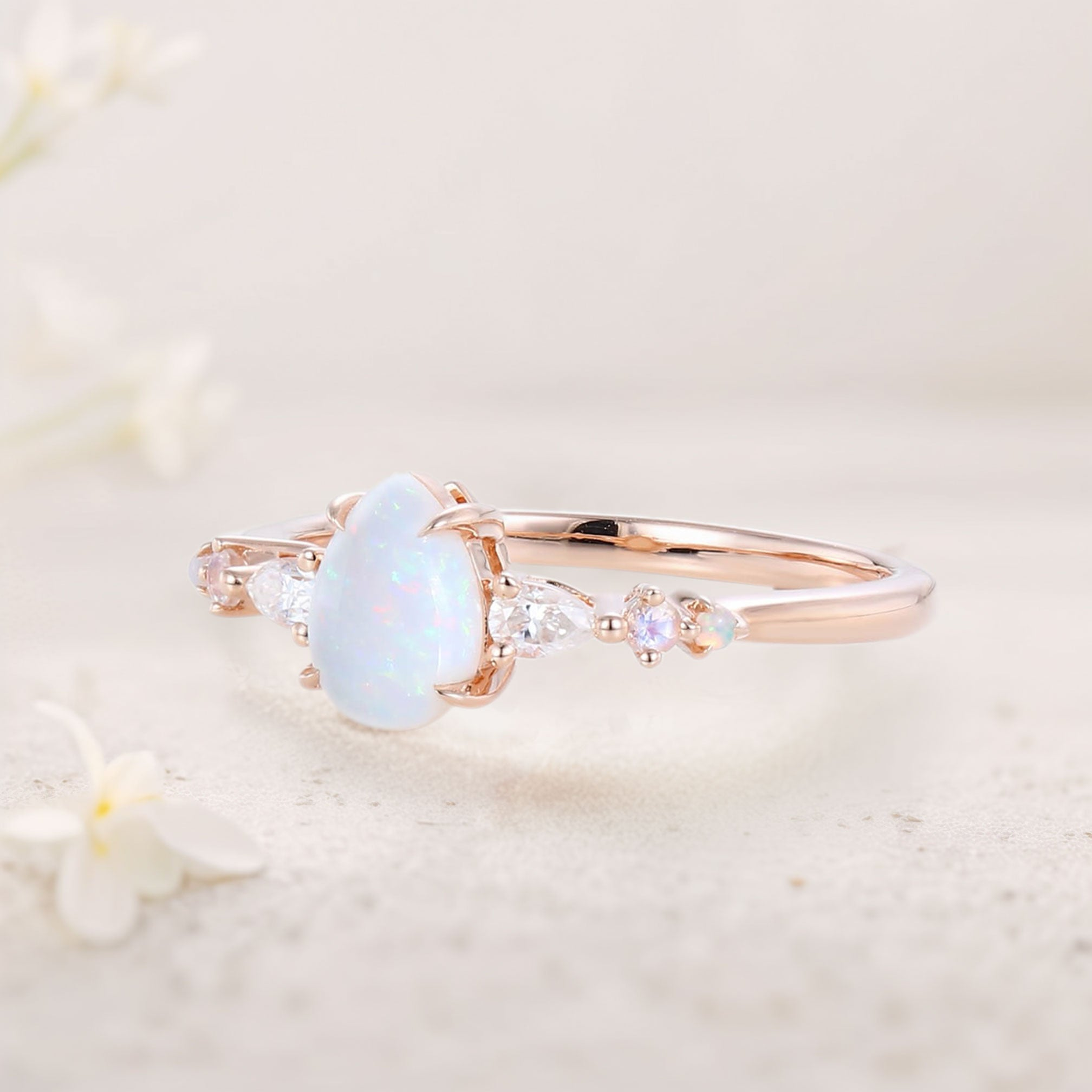 Opal Ring with Moonstone & Marquise Moissanite Accents – White Gold Plated 925 Silver