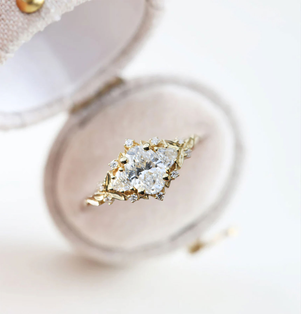 7×5mm Moissanite Ring with Marquise & Round Accents – 14K Gold-Plated Sterling Silver