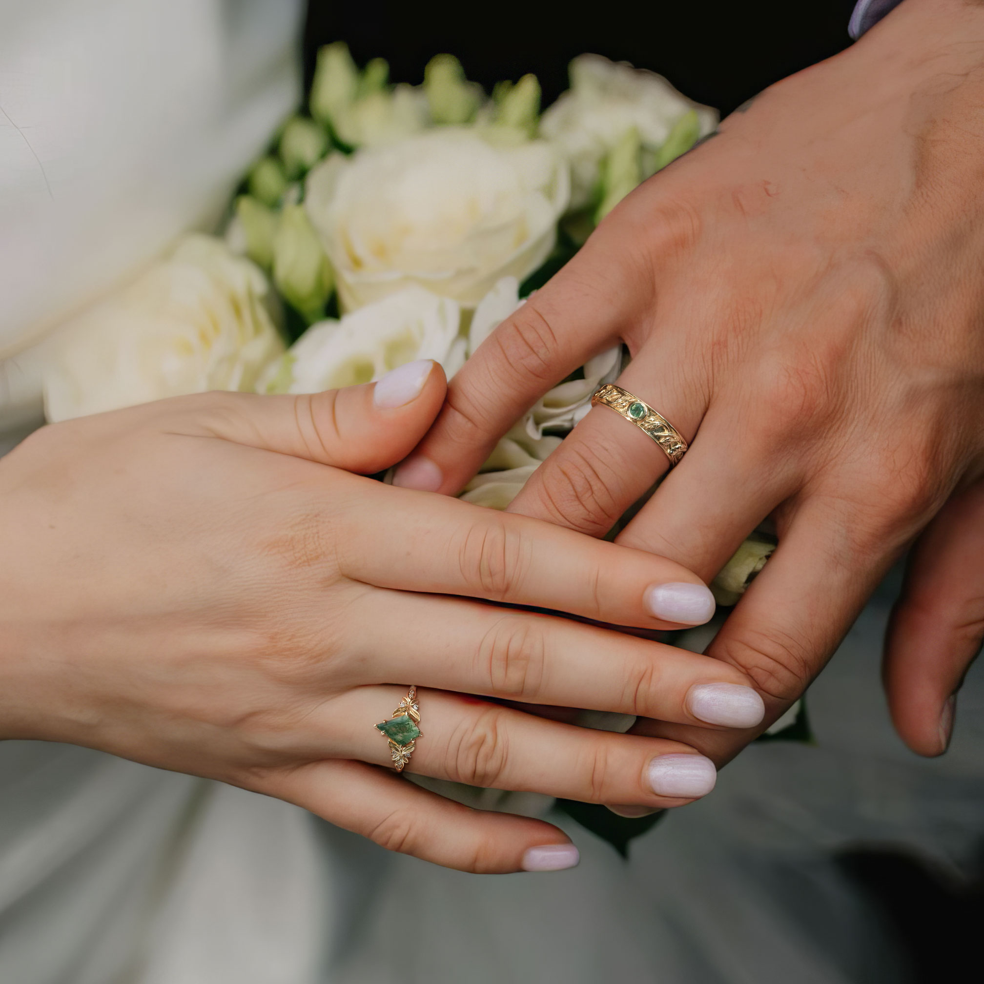 Couple’s White Gold Plated 14K Rings with Moss Agate & Moissanite Accents – Engraved ‘I Love You