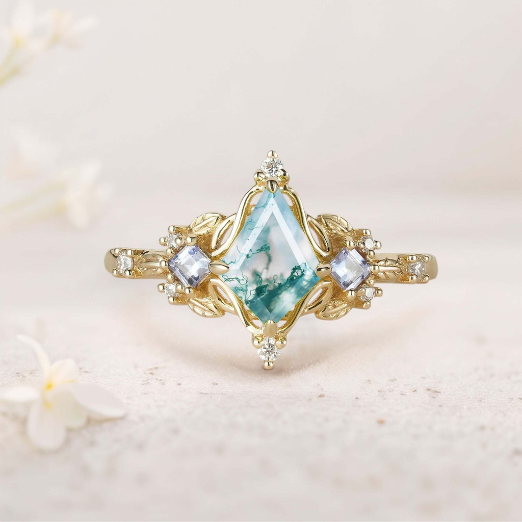 10x7mm Moss Agate Ring with Tanzanite & Moissanite Accents – 925 Silver White Gold Plated Women’s Ring US 7