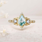 10x7mm Moss Agate Ring with Tanzanite & Moissanite Accents – 925 Silver White Gold Plated Women’s Ring US 7