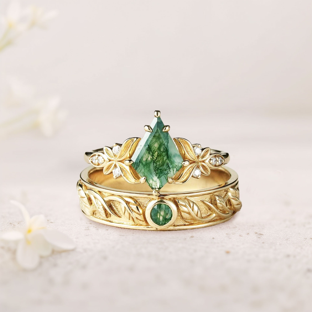 Couple’s White Gold Plated 14K Rings with Moss Agate & Moissanite Accents – Engraved ‘I Love You