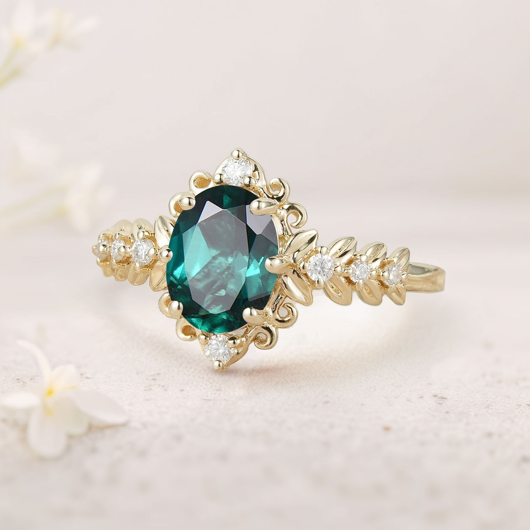 8x6mm Lab Emerald Ring with Diamond Accents – 925 Sterling Silver Gold Plated Women’s Ring