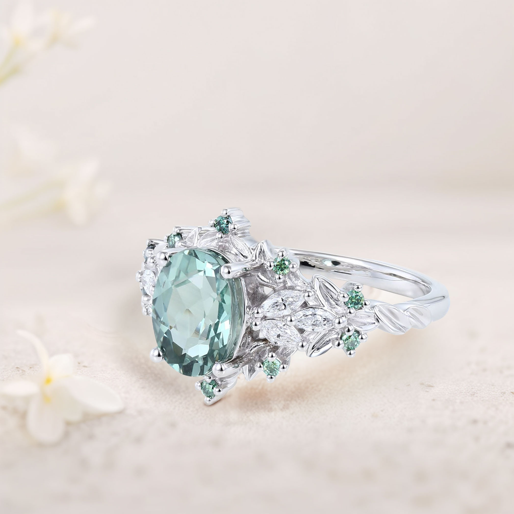 Marquise Moissanite & Green-Blue Sapphire Ring in Platinum Silver – 8×6mm Center Stone