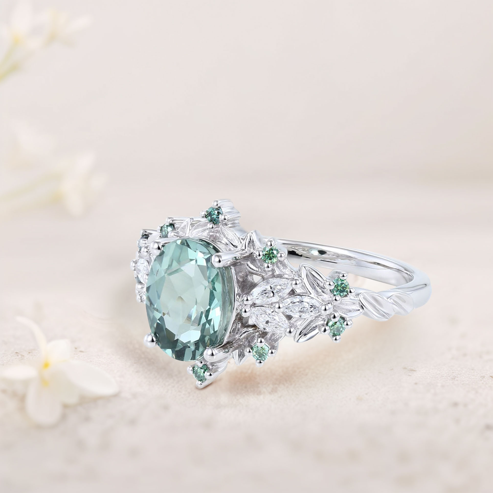 Marquise Moissanite & Green-Blue Sapphire Ring in Platinum Silver – 8×6mm Center Stone